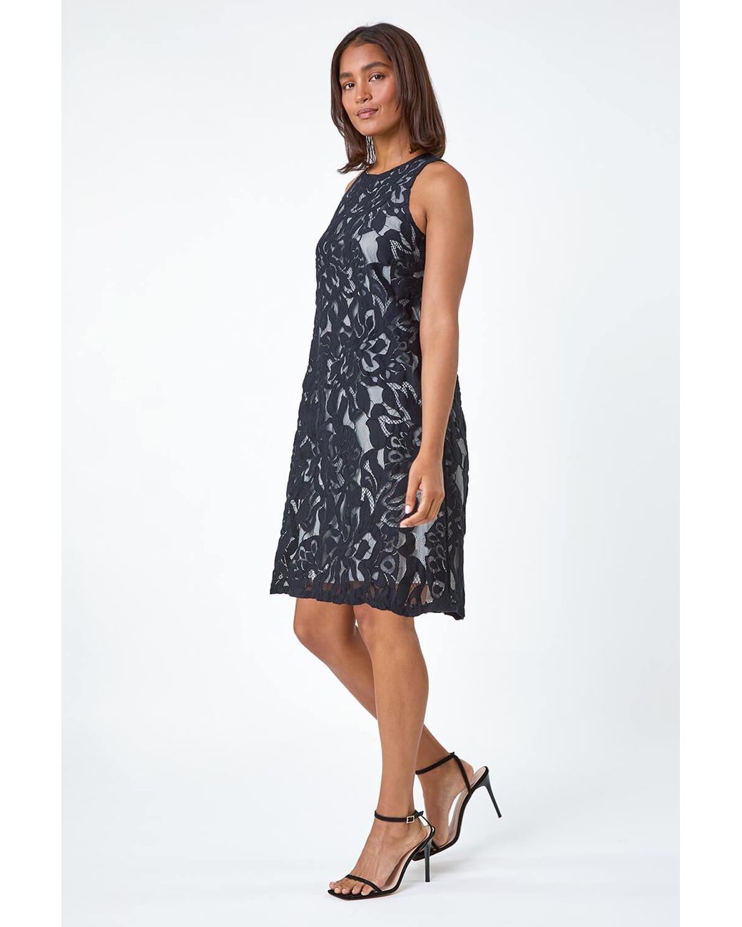 Roman Blue Sleeveless Lace Swing Dress