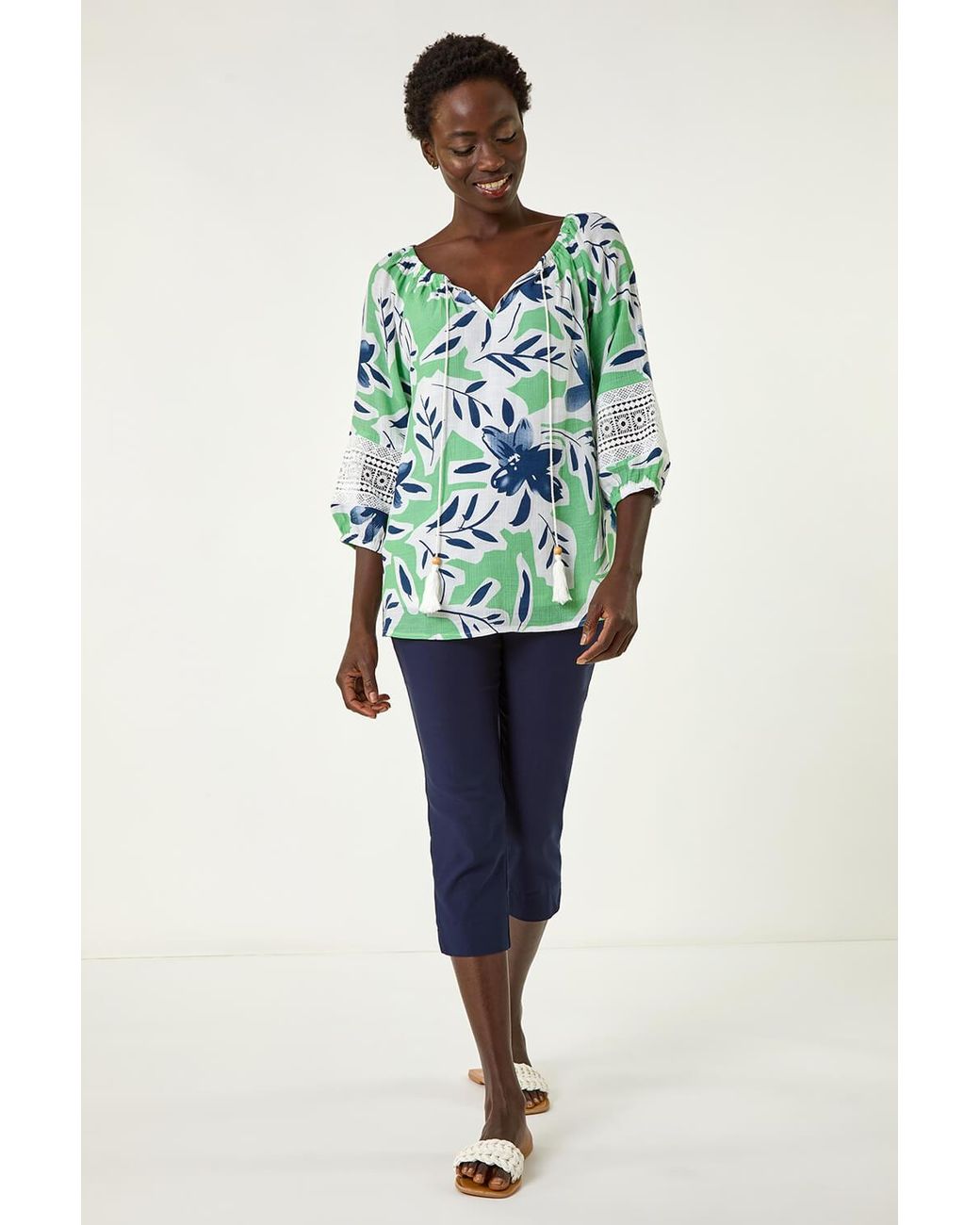Roman Green Floral Print Tie Front Top