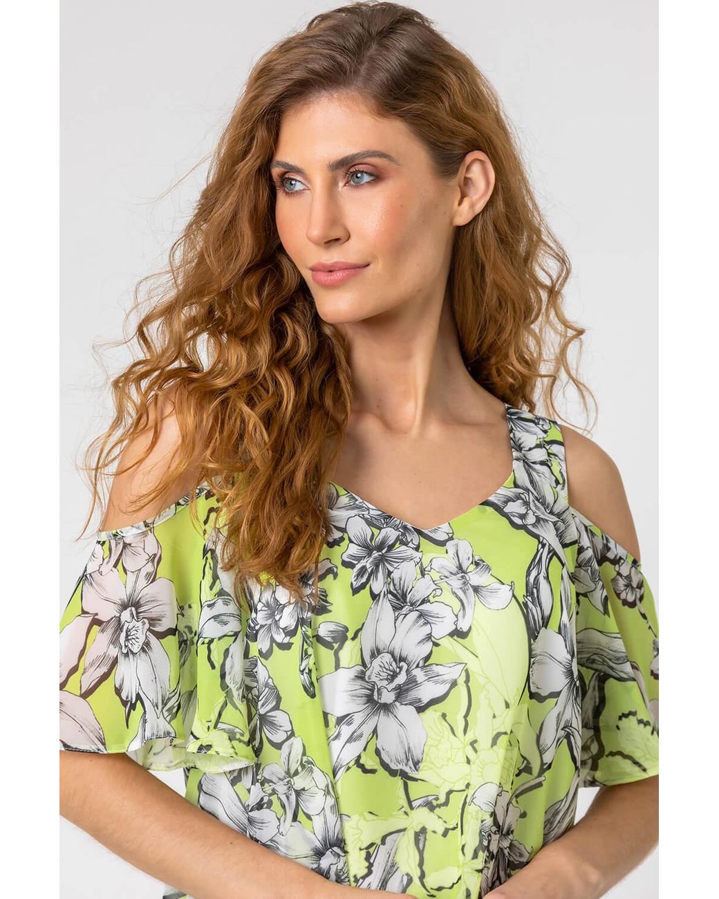 Roman Multicolor Linear Floral Print Cold Shoulder Top