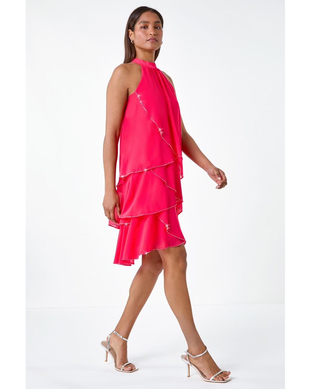 Roman Sequin Trim Tiered Halterneck Dress