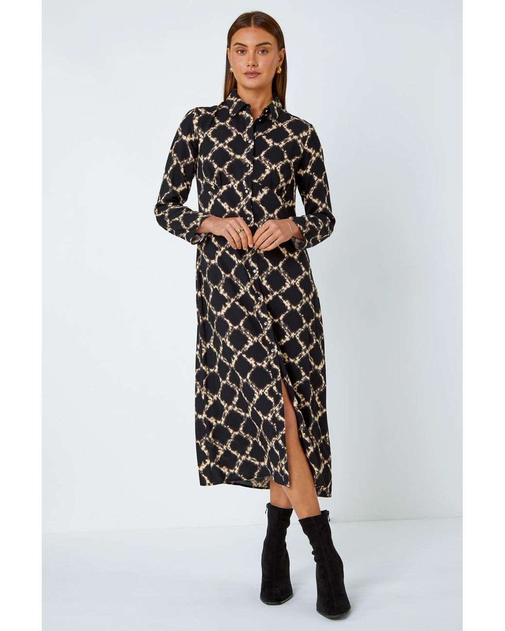 Roman Black Chain Print Midi Shirt Dress