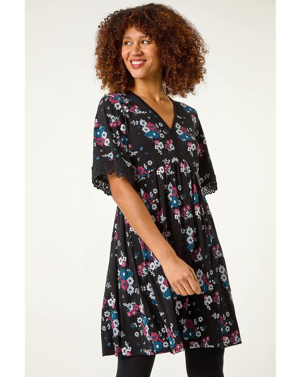 Roman Black Lace Trim Floral Dress