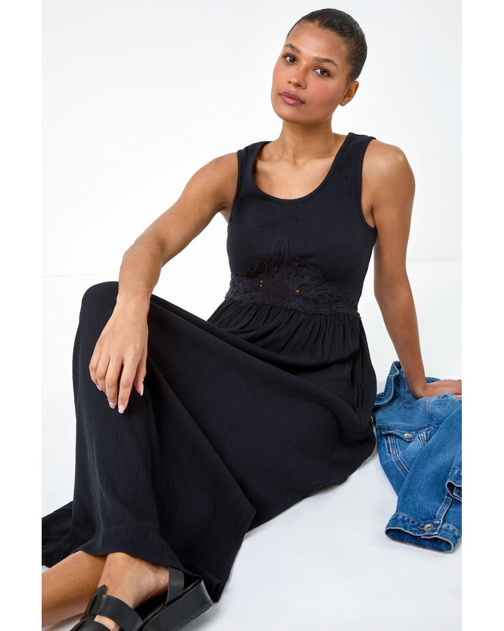 Roman Blue Cotton Blend Lace Detail Midi Dress