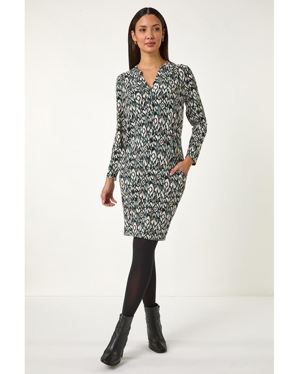 Roman Blue Aztec Print V-Neck Shift Stretch Dress