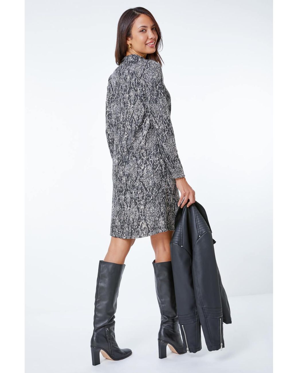 Roman Natural Snake Print Turtle Neck Swing Dress