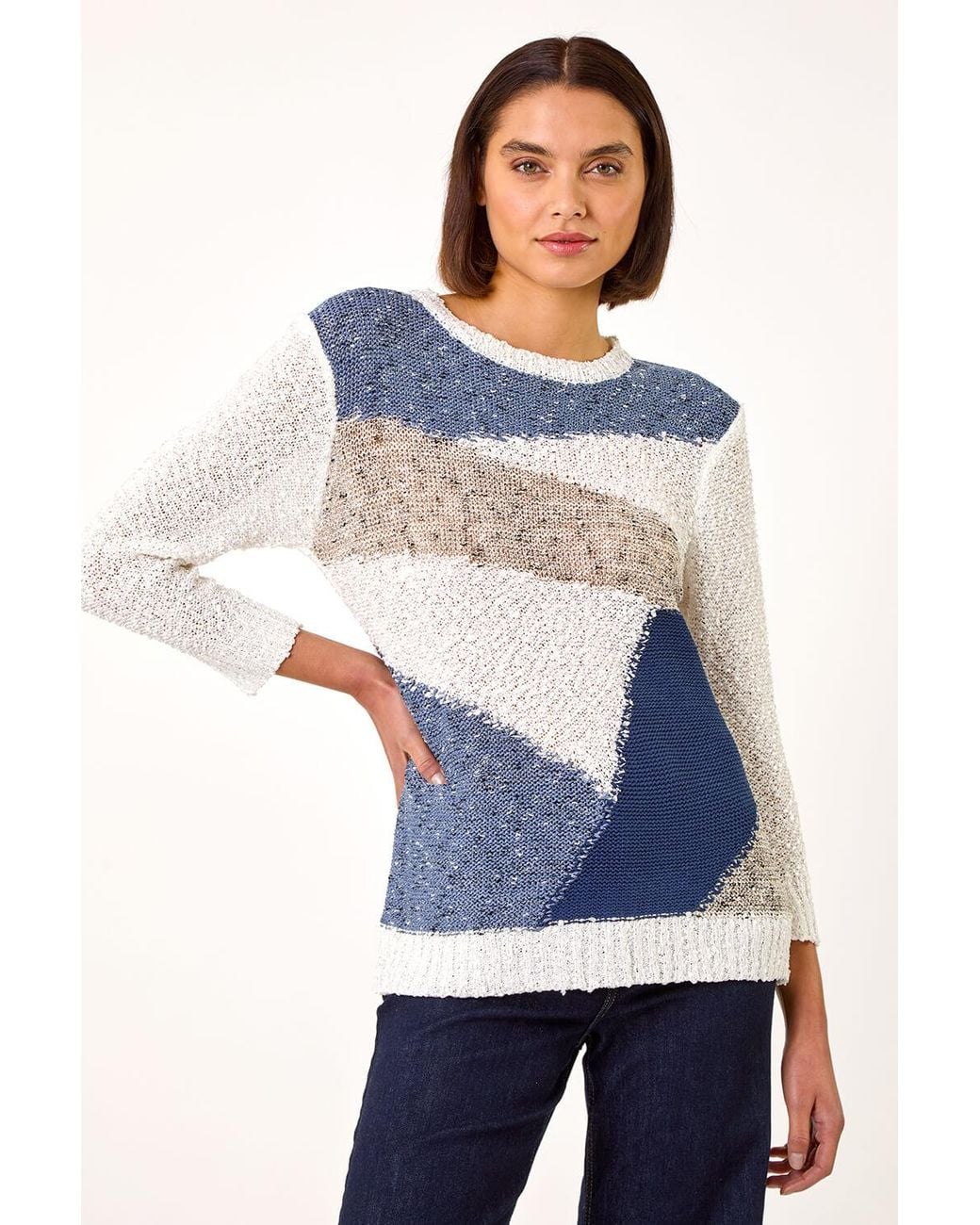 Roman Blue Textured Colour Block Jumper
