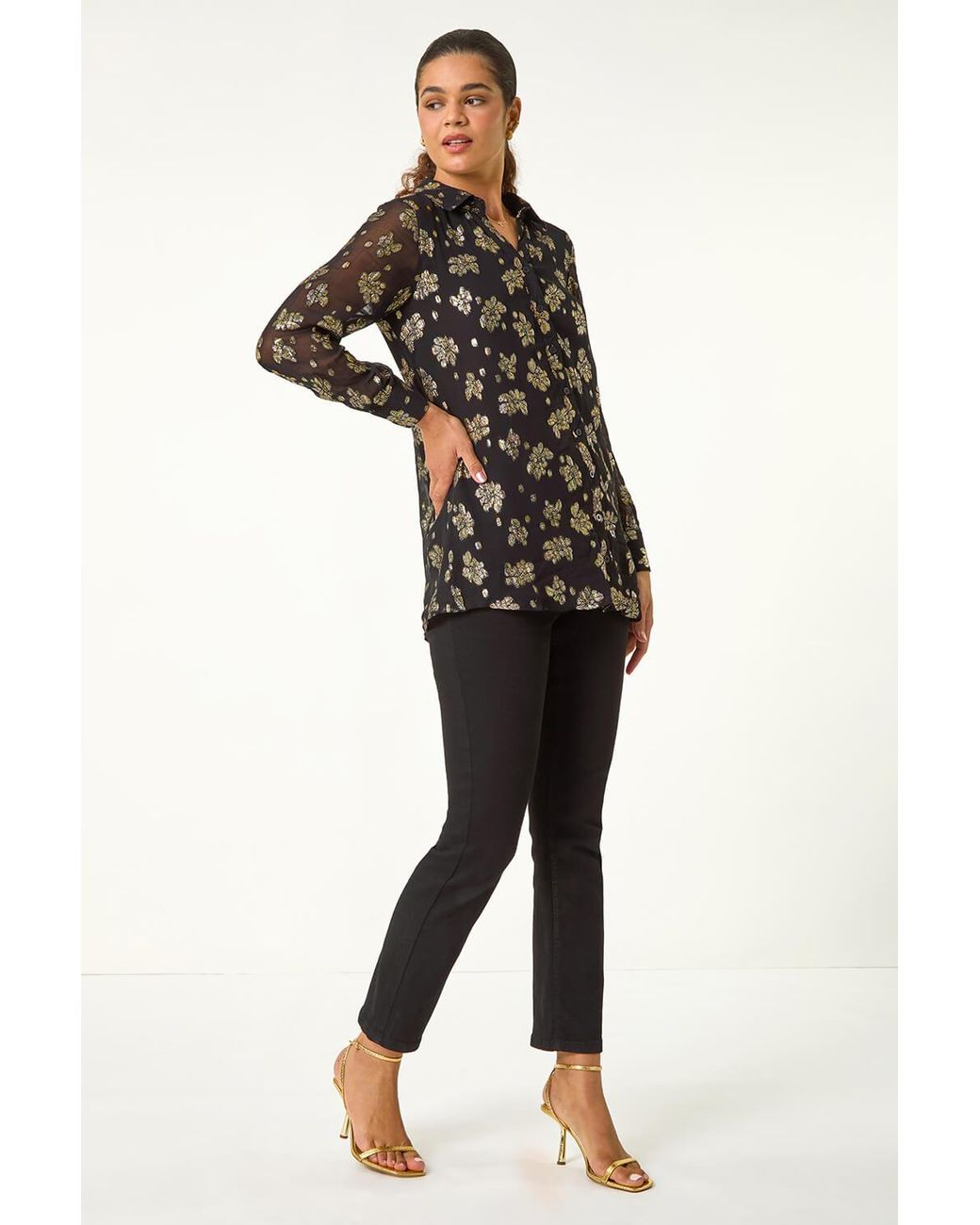 Roman Black Metallic Floral Button-Up Blouse