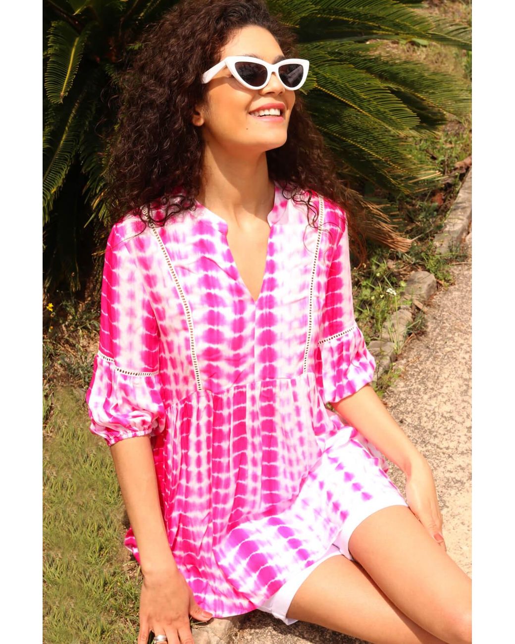 Roman Pink Tie Dye Print Smock Tunic Top