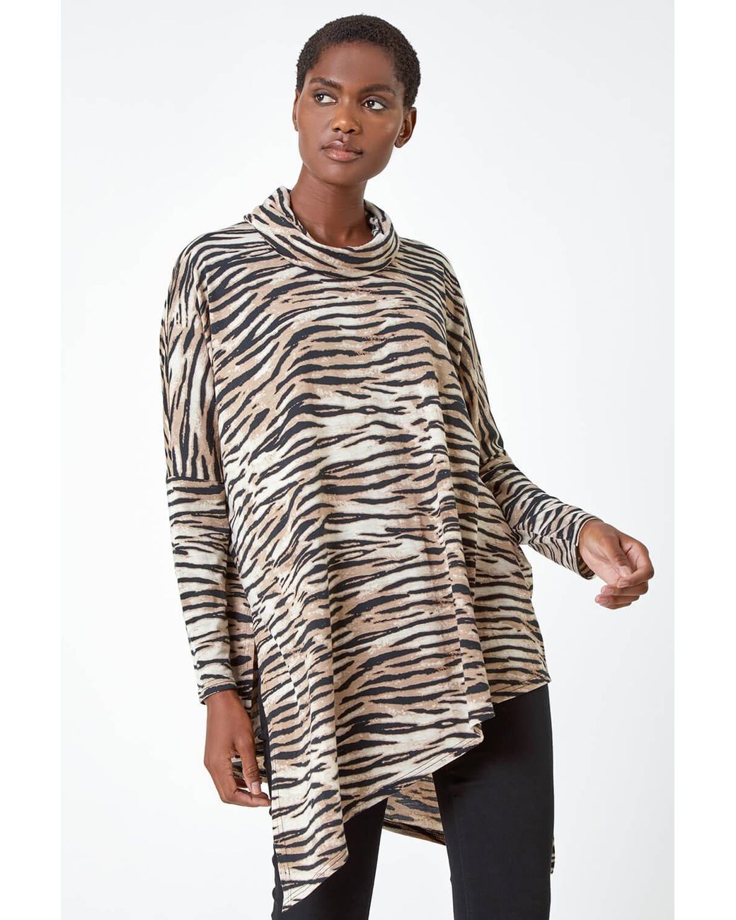 Roman Natural Animal Print Asymmetric Stretch Top