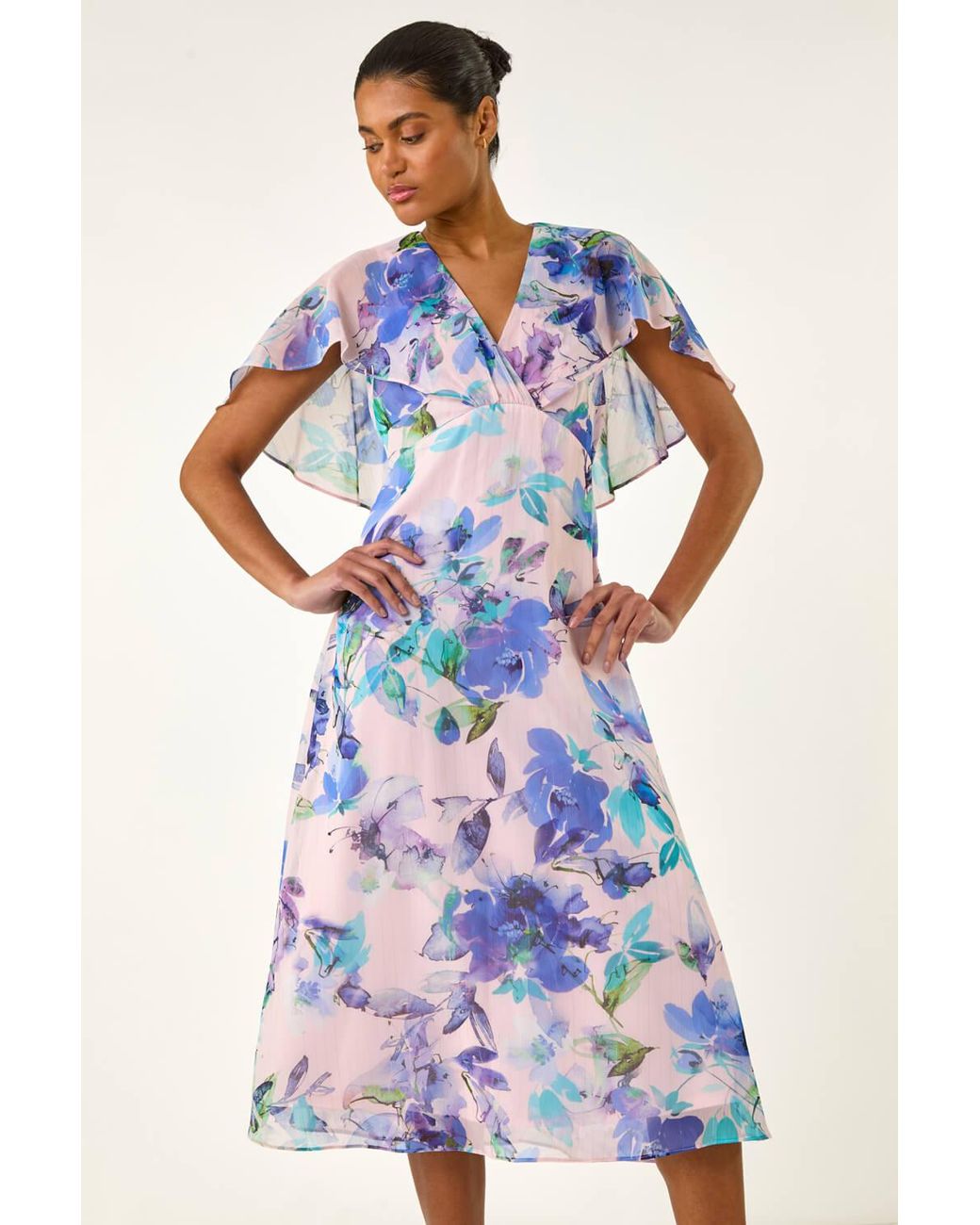 Roman Blue Floral Print Cape Back Midi Dress