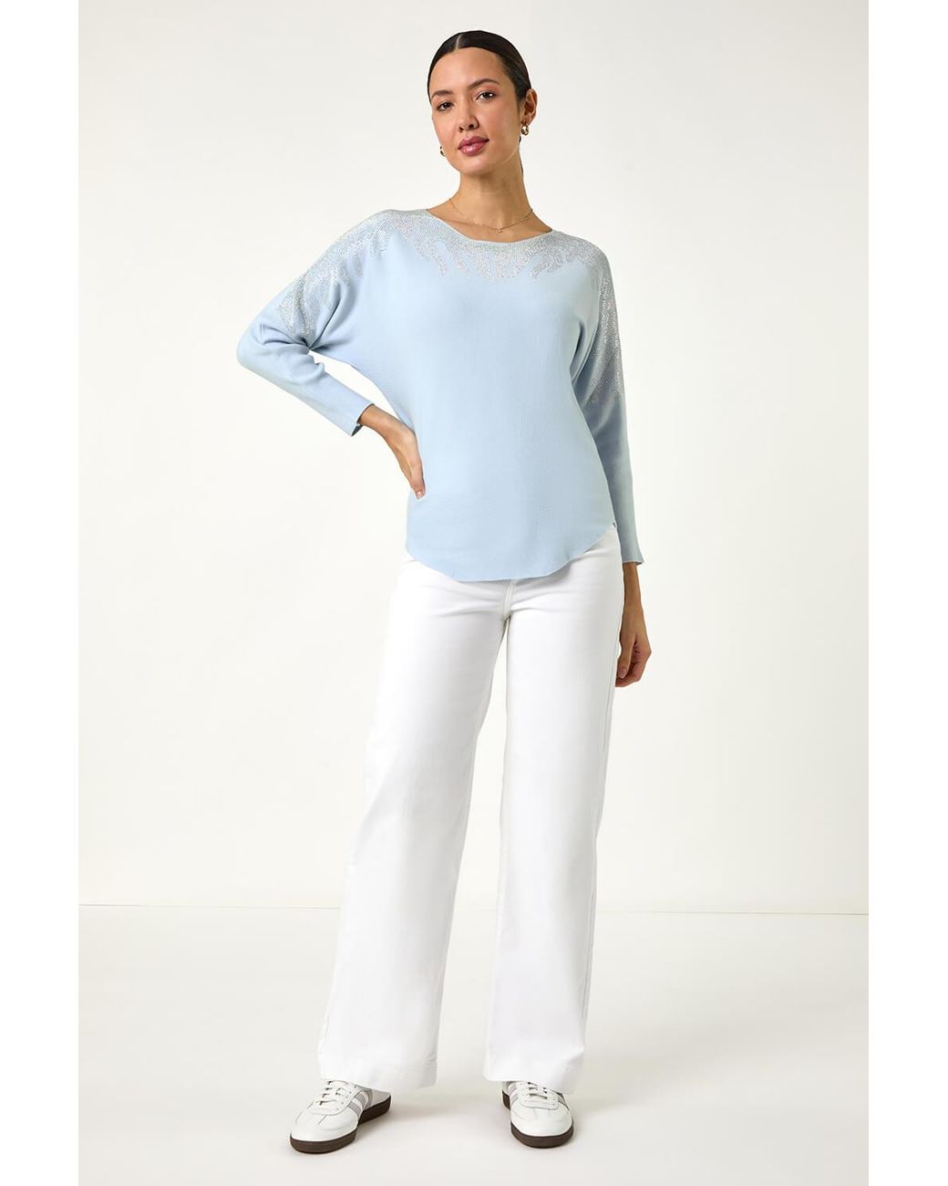 Roman Blue Embellished Neck Knit Jumper