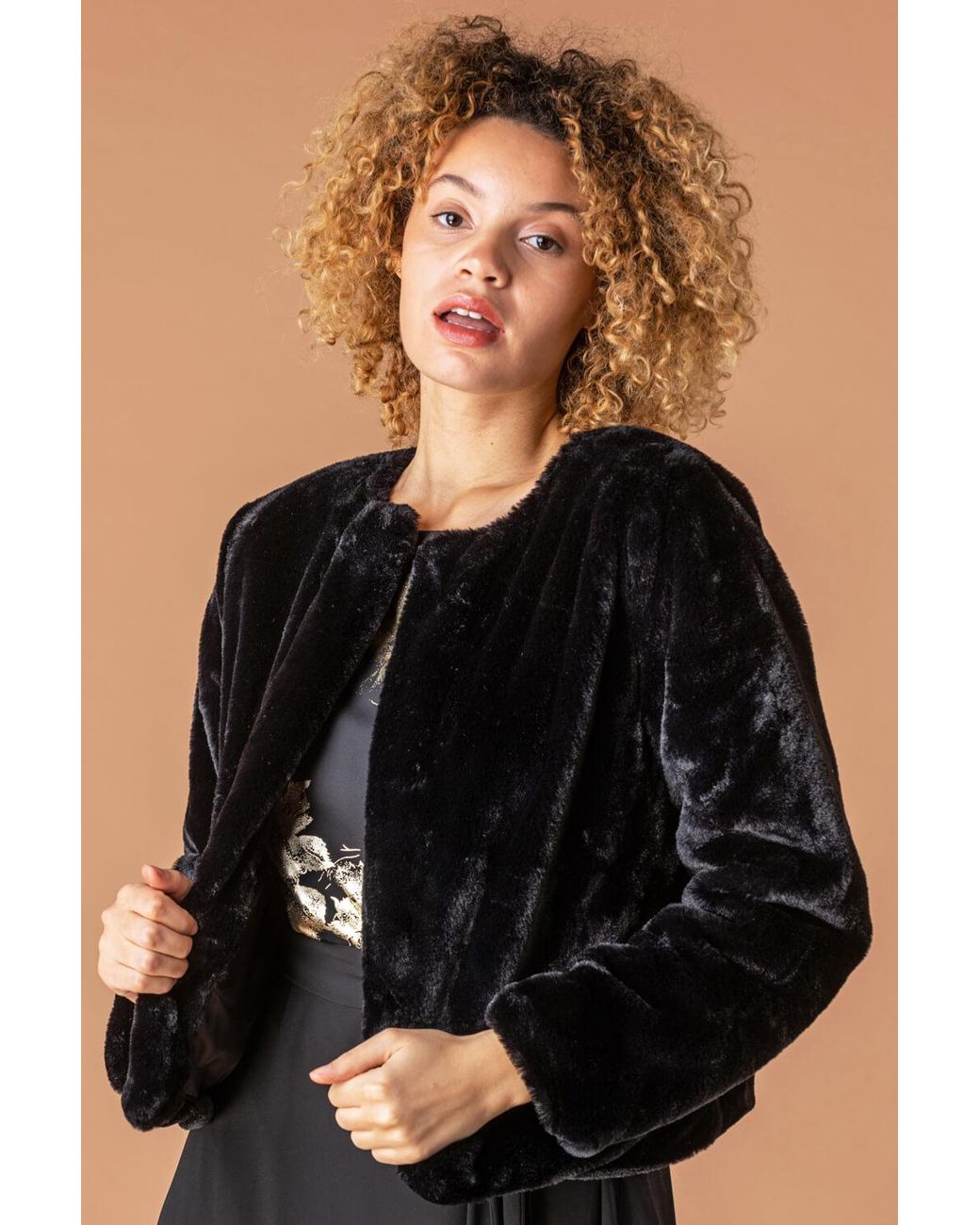Roman Black Faux Fur Bolero Jacket
