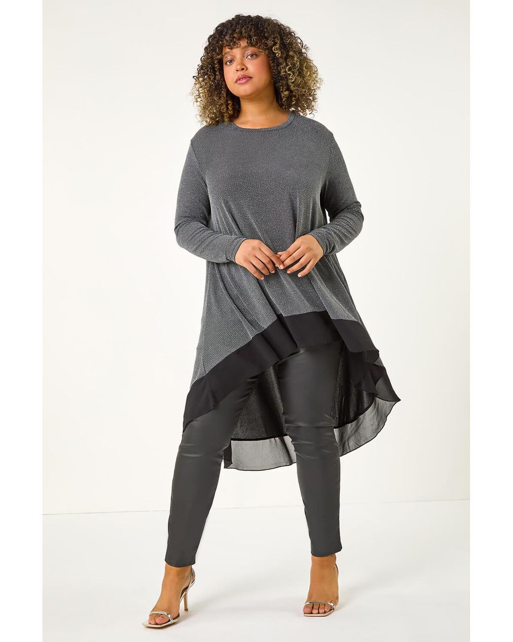 Roman Curve Gray Glitter Chiffon Hem Tunic Top