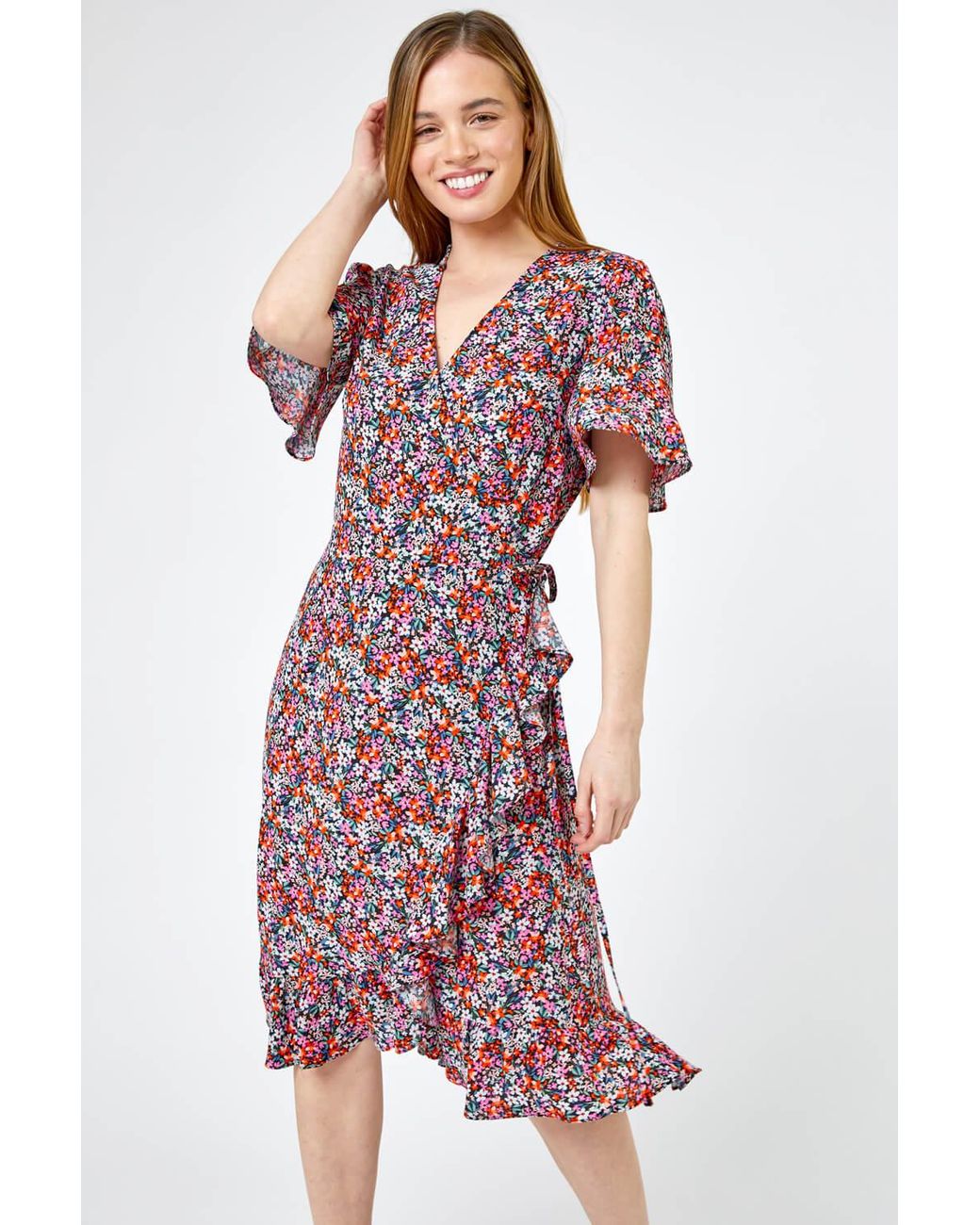 Roman Petite Pink Ditsy Floral Frill Wrap Dress
