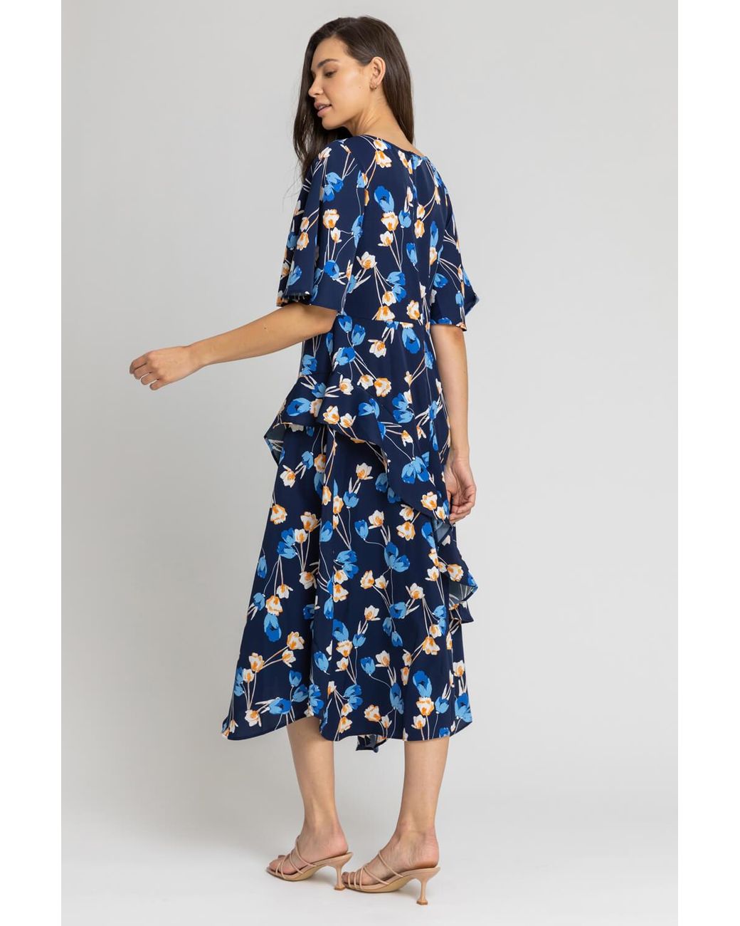 Roman Blue Floral Print Chiffon Midi Dress