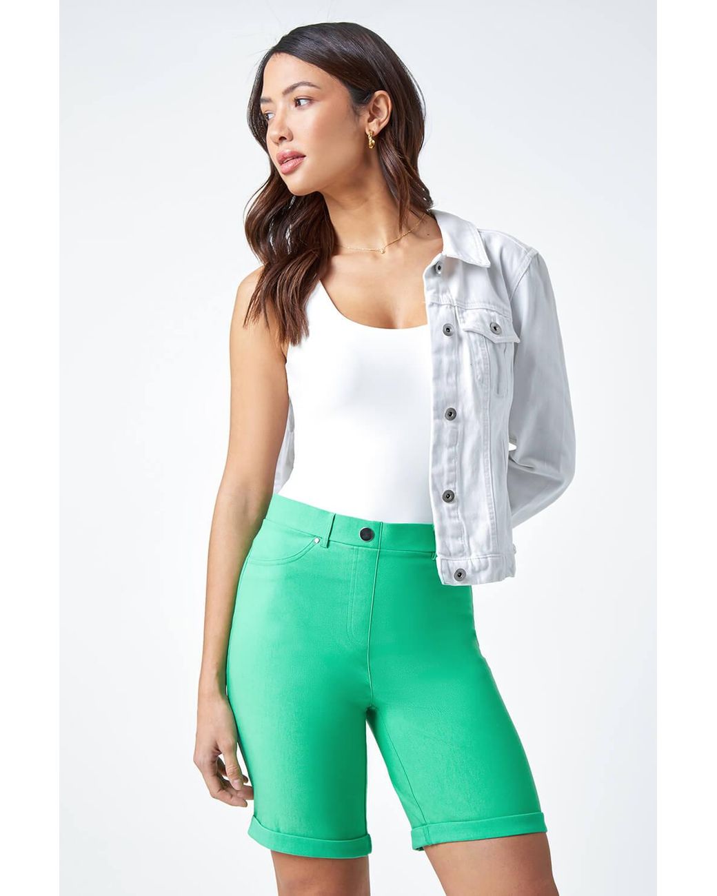 Roman Green Elastic Waist Turn Up Stretch Shorts