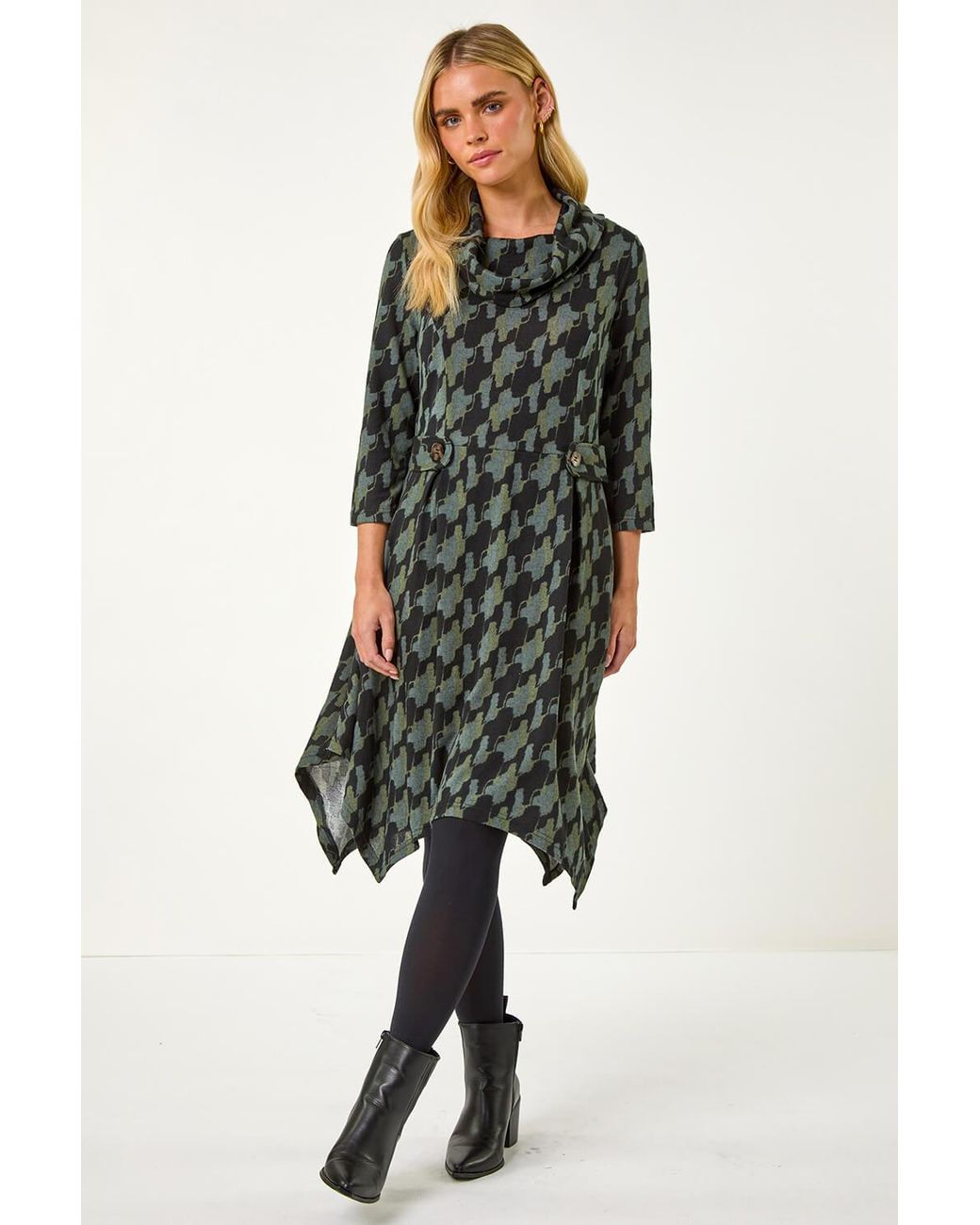 Roman Petite Green Abstract Print Hanky Hem Stretch Dress