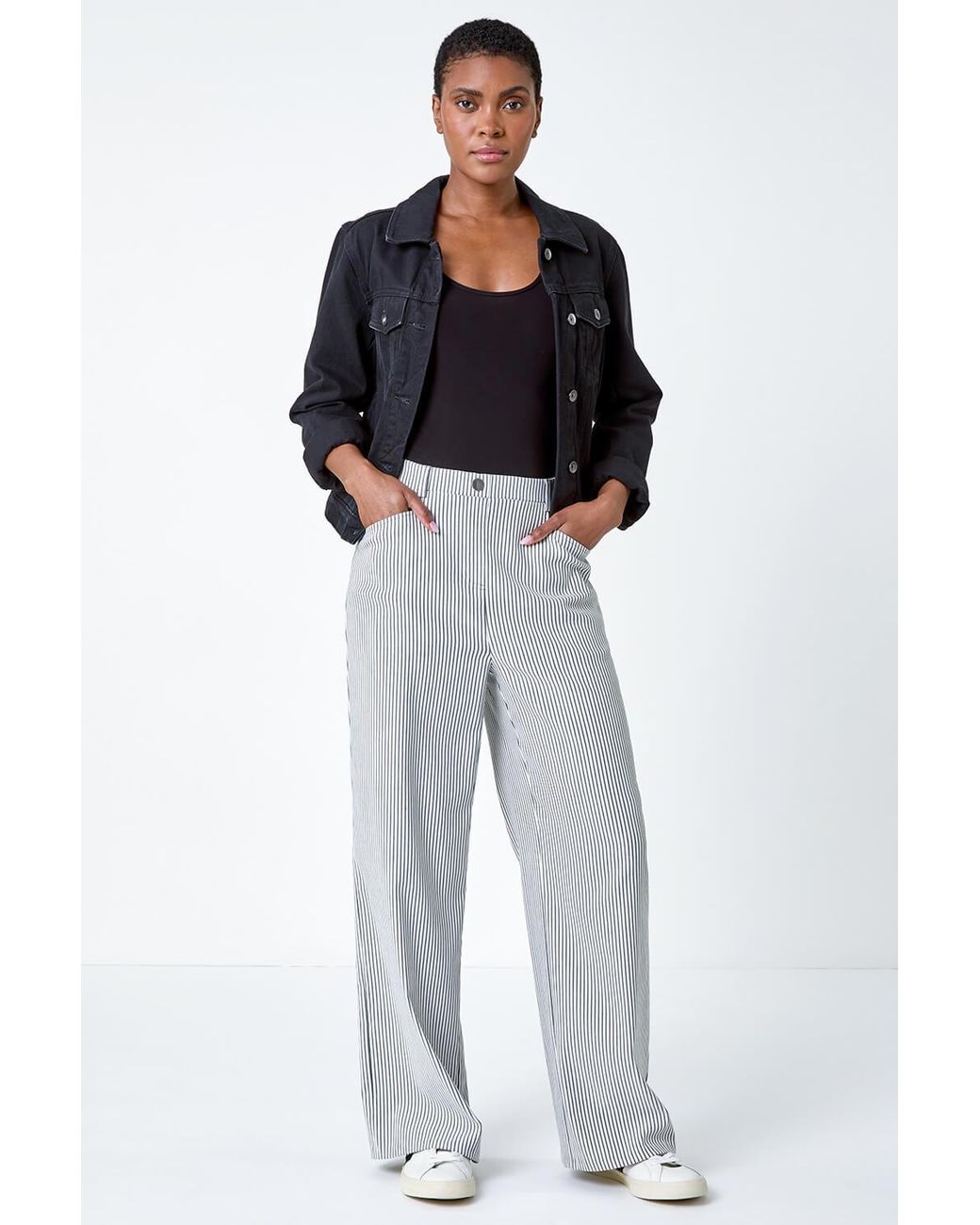 Roman Black Stripe Wide Leg Stretch Trousers