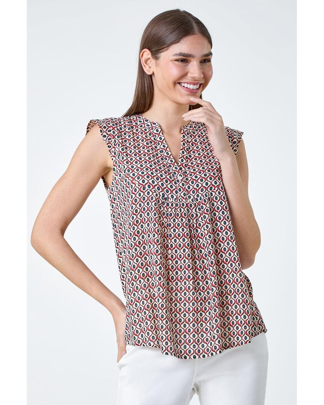 Roman White Geometric Print Frill Blouse
