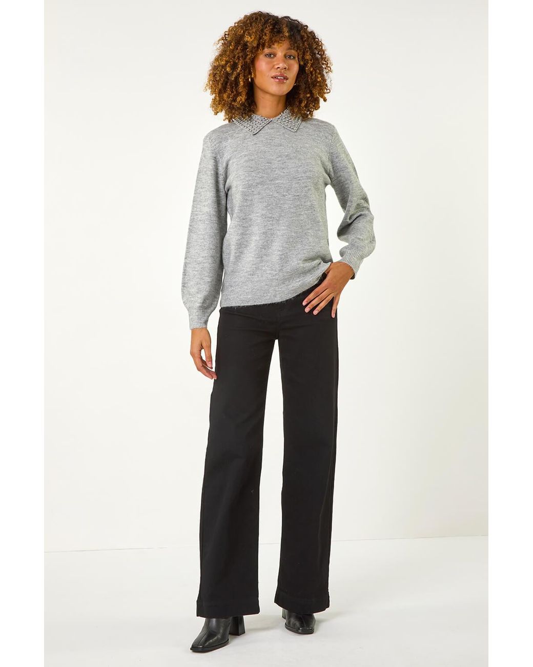Roman Gray Faux Pearl Collar Jumper