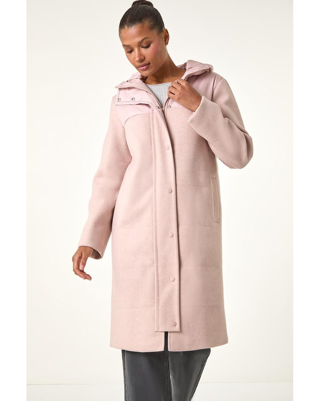 Roman Pink Mixed Fabric Pocket Detail Hooded Coat