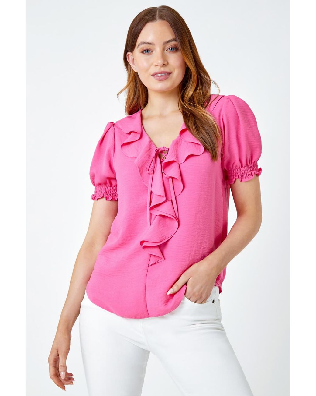 Roman Pink Ruffle Front Tie Detail Blouse