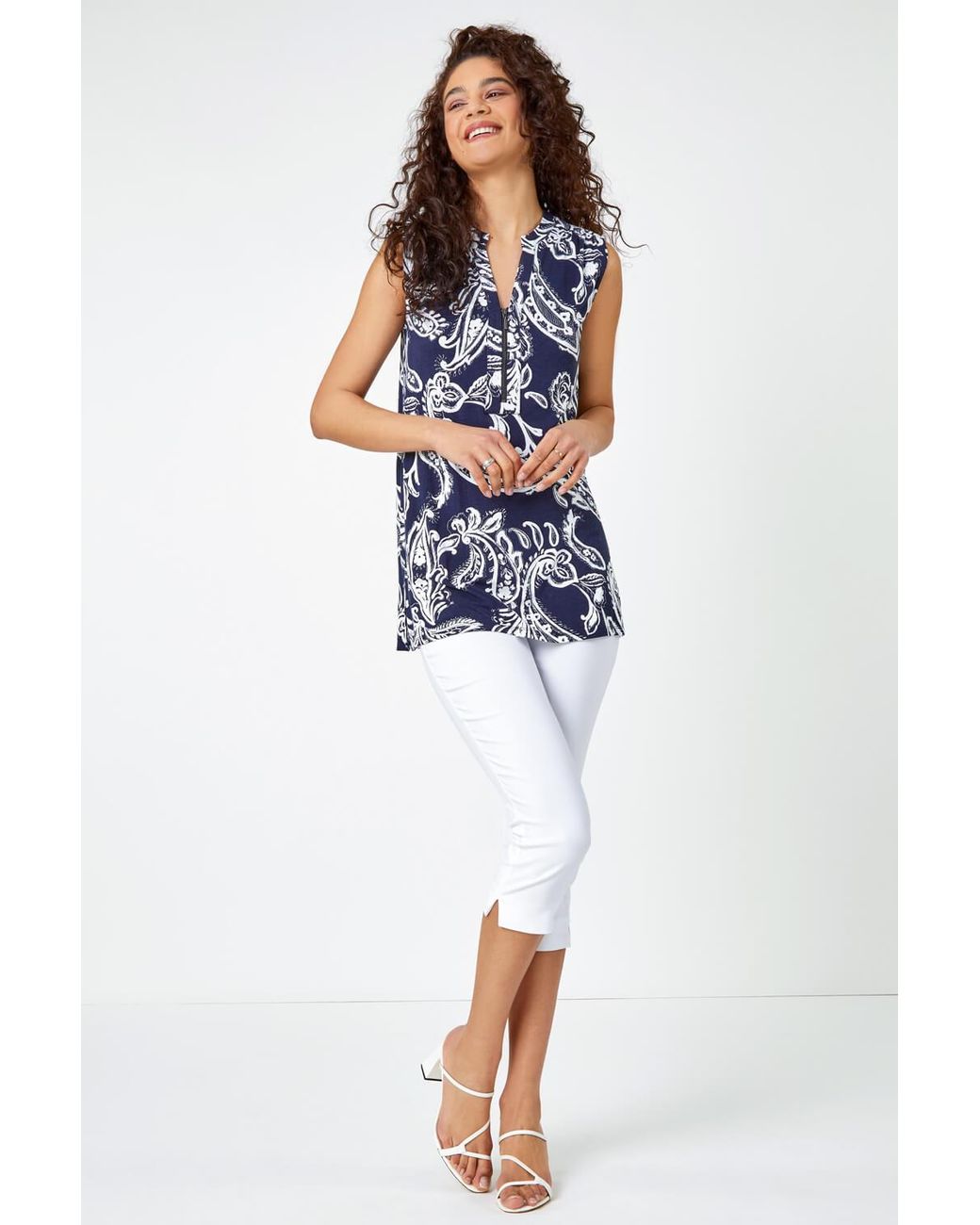 Roman Blue Sleeveless Paisley Print Zip Top