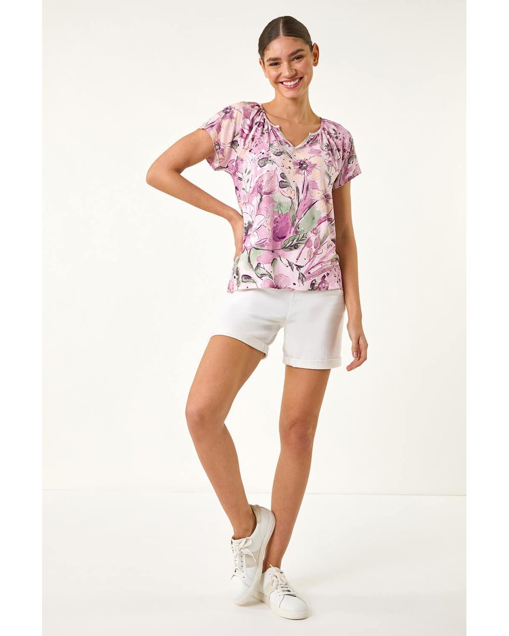 Roman Pink Abstract Floral Print Stretch Top
