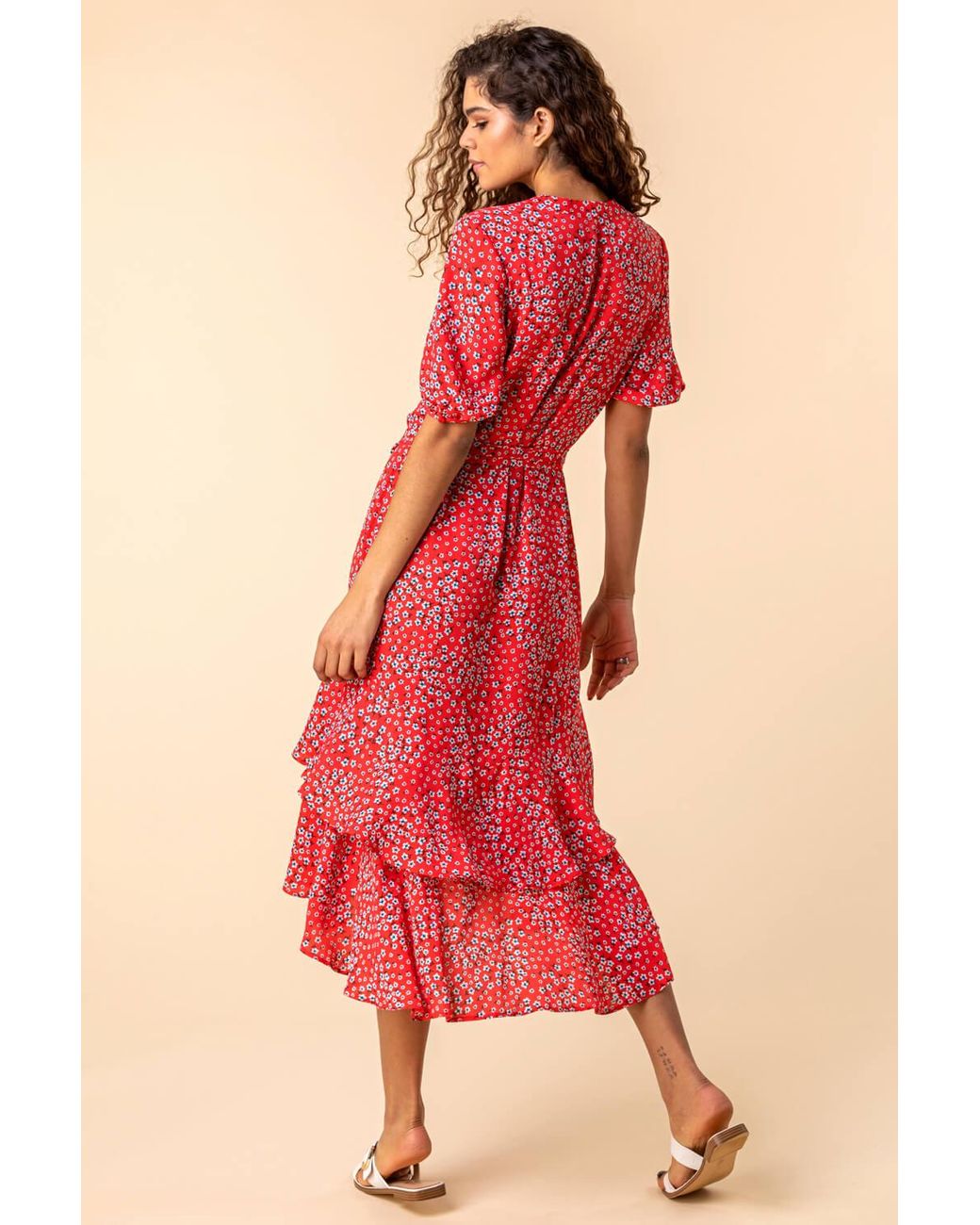 Roman Red Ditsy Floral Frill Hem Midi Dress