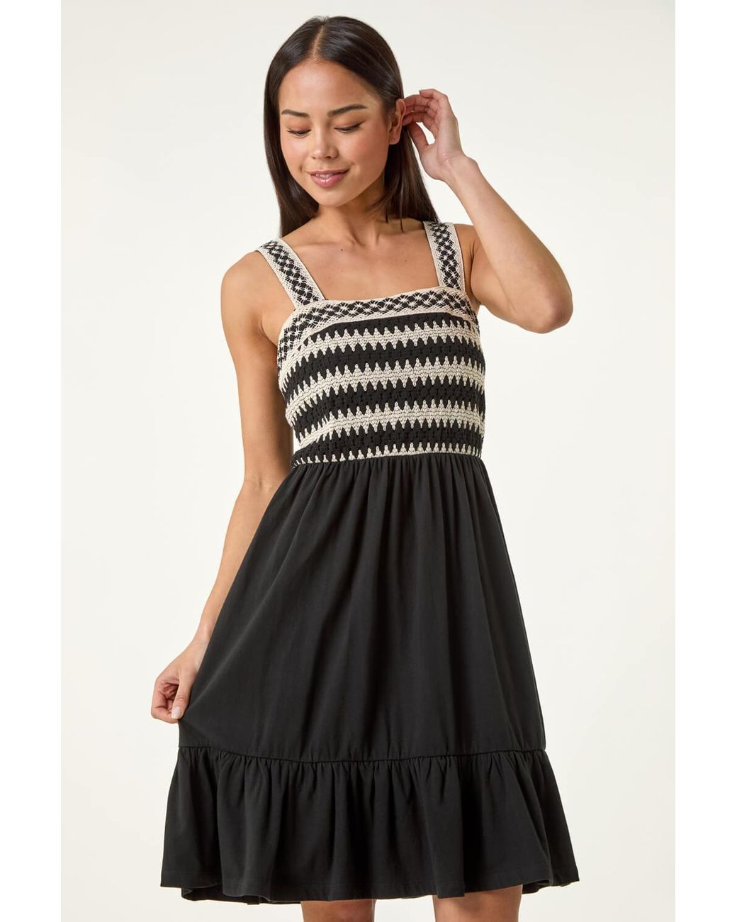 Roman Petite Black Crochet Bodice Strap Dress