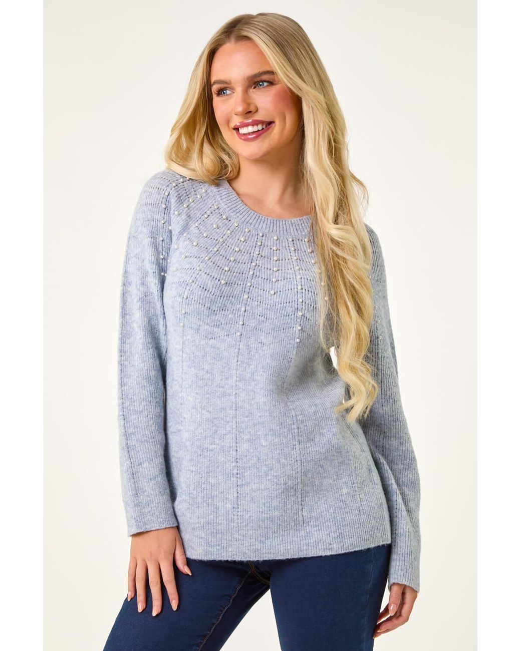Roman Petite Gray Pearl Detail Knit Jumper