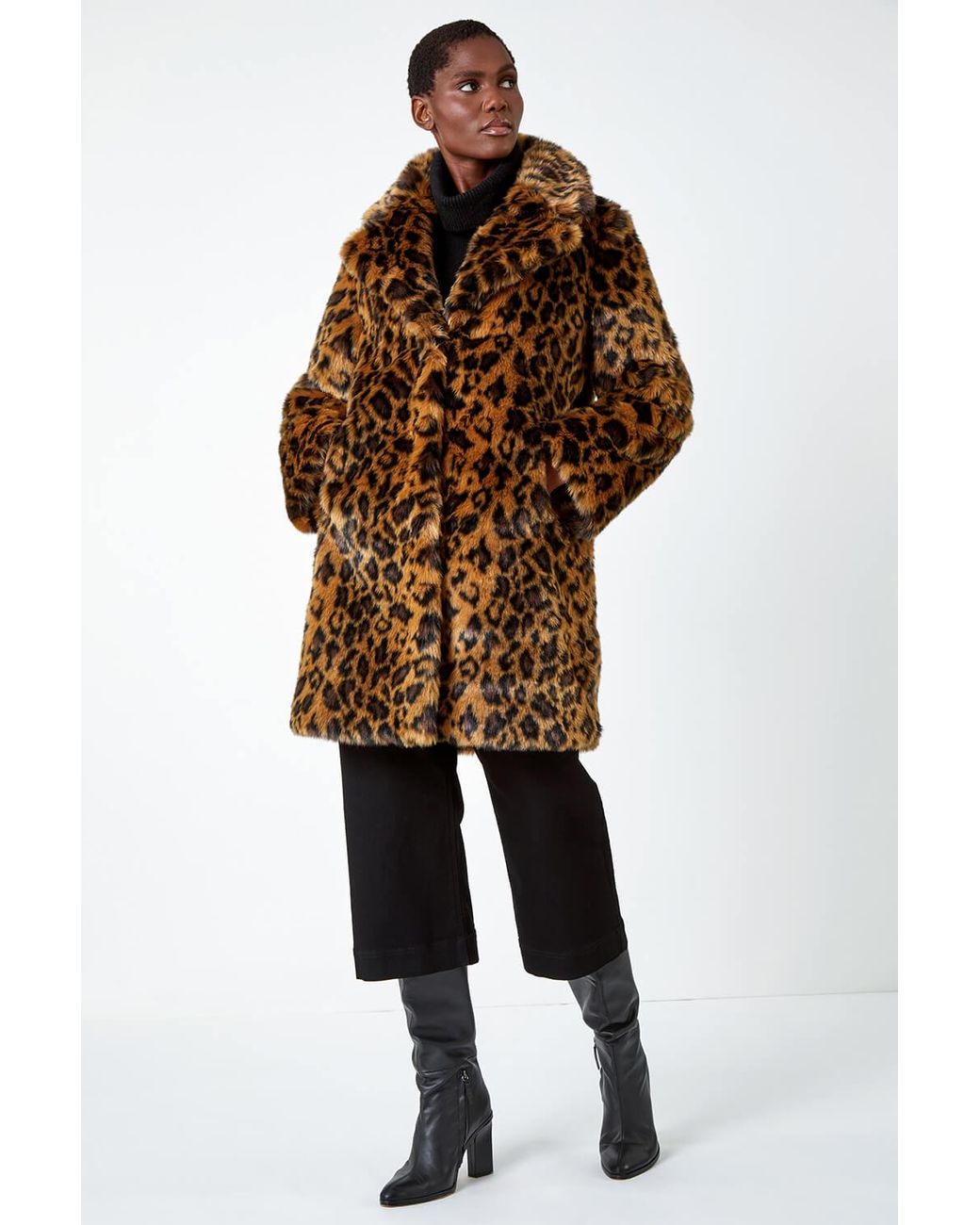 Roman Brown Premium Animal Print Faux Fur Coat
