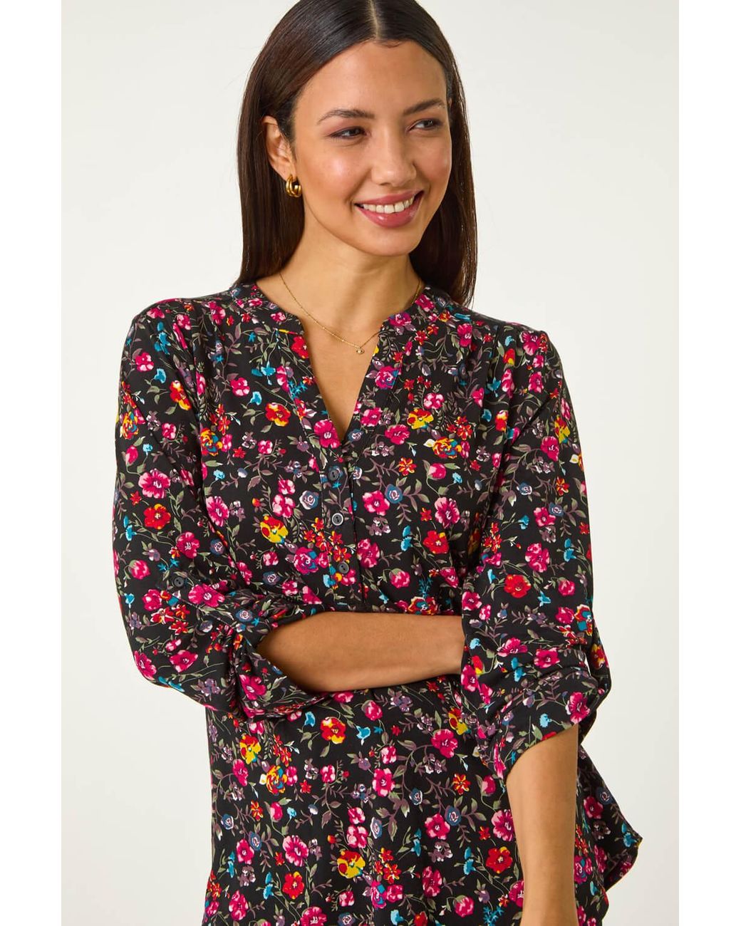 Roman Red Floral Print V-Neck Stretch Top