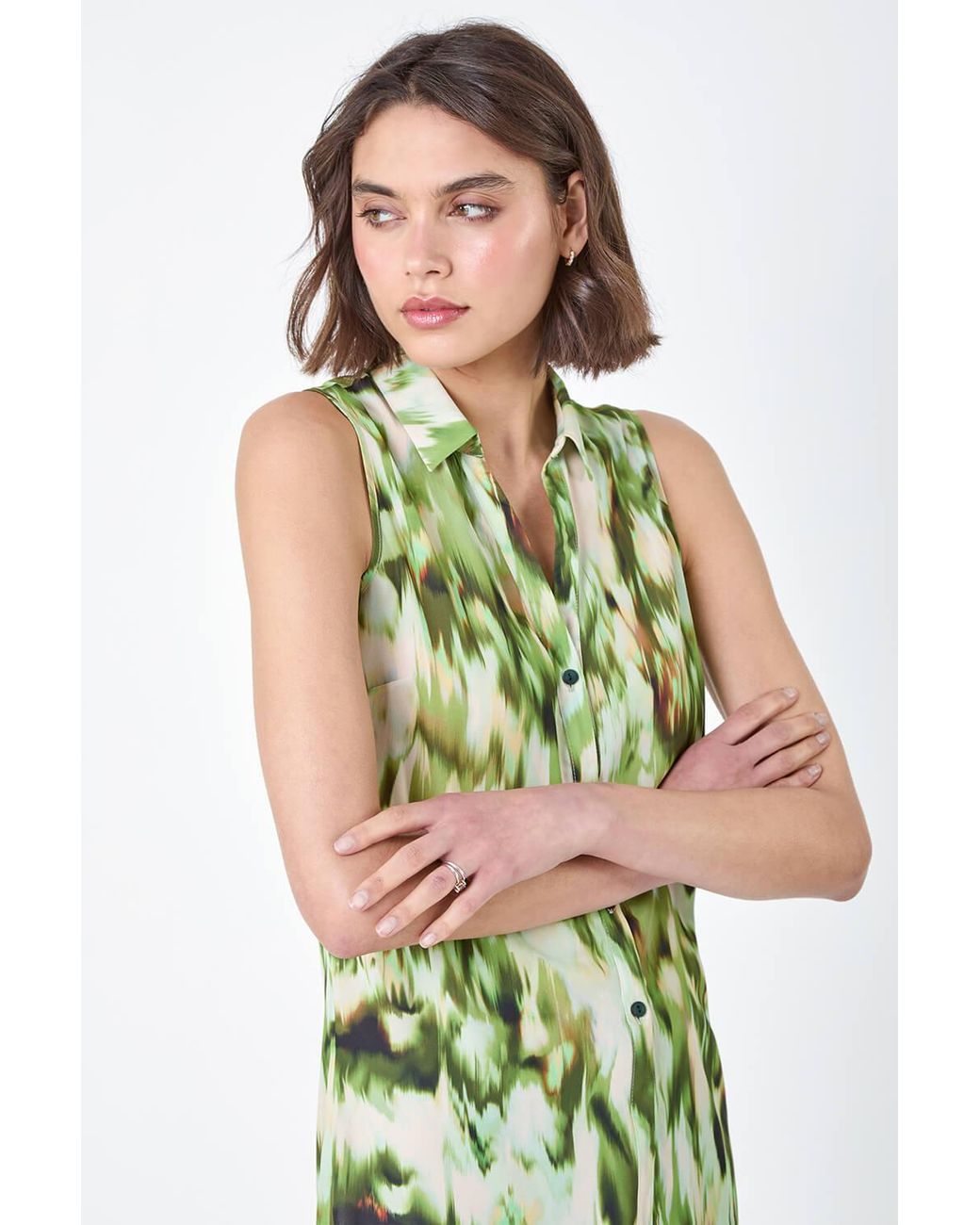 Roman Green Abstract Sleeveless Button Chiffon Blouse