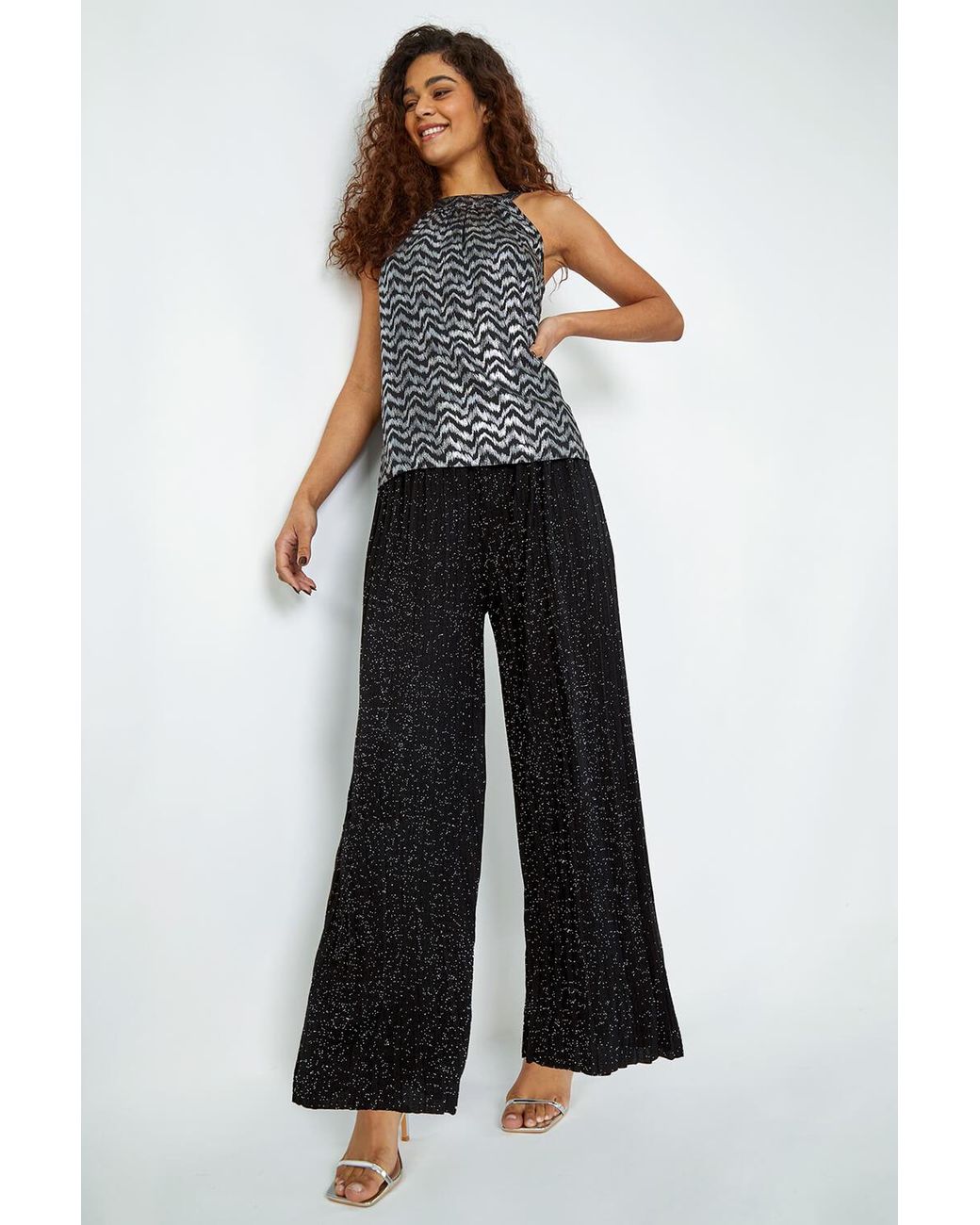Roman Black Pleated Glitter Stretch Trousers