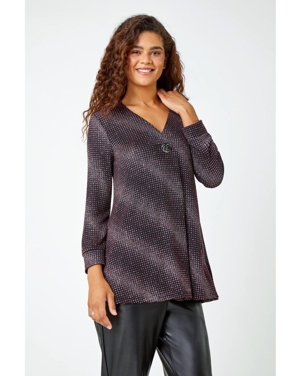 Roman Purple Shimmer Stripe Print V-Neck Tunic Top