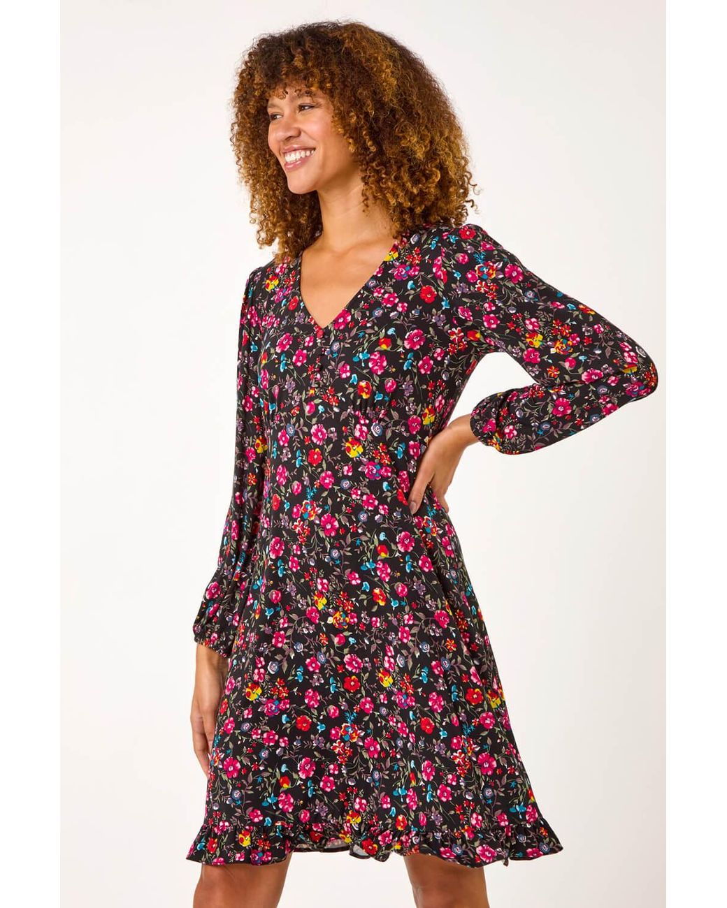 Roman Red Floral Print Short Frill Stretch Dress