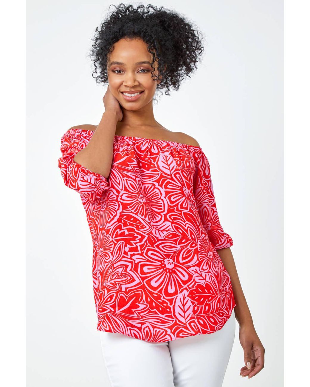 Roman Petite Red Floral Print Bardot Top