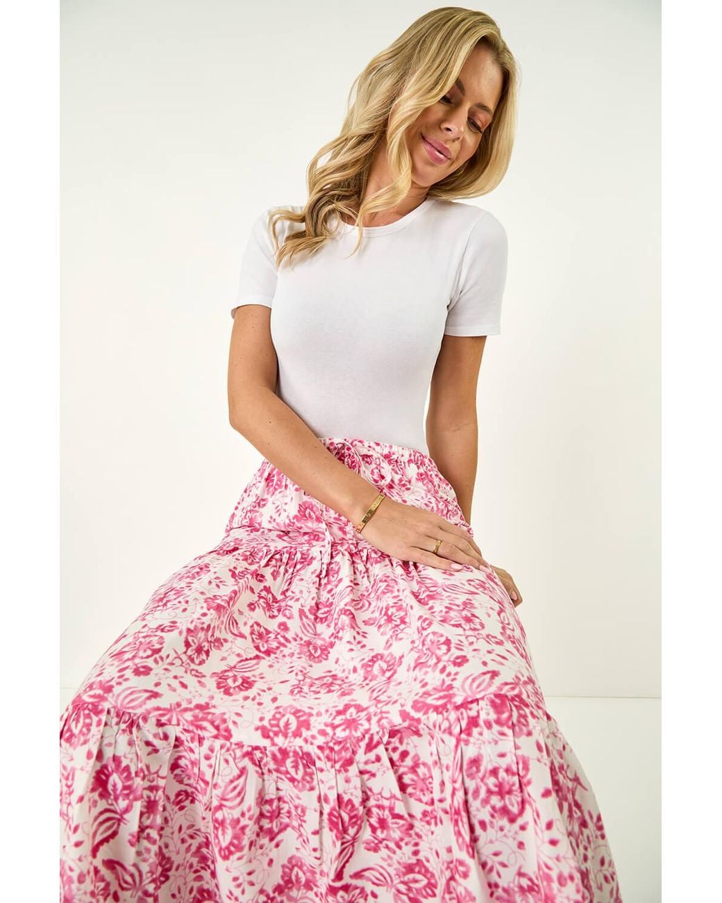 Roman Petite Pink Floral Print Tie Midi Skirt