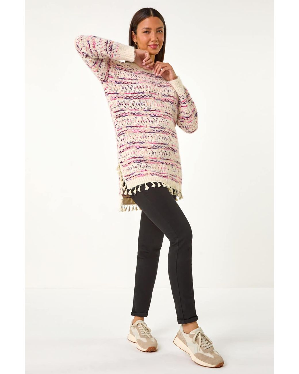 Roman Pink Boucle Fringe Hem Tunic Jumper