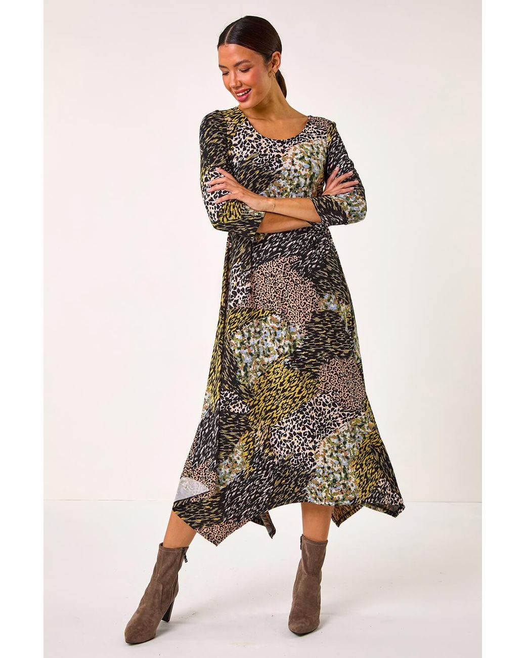 Roman Natural Animal Print Hanky Hem Midi Dress