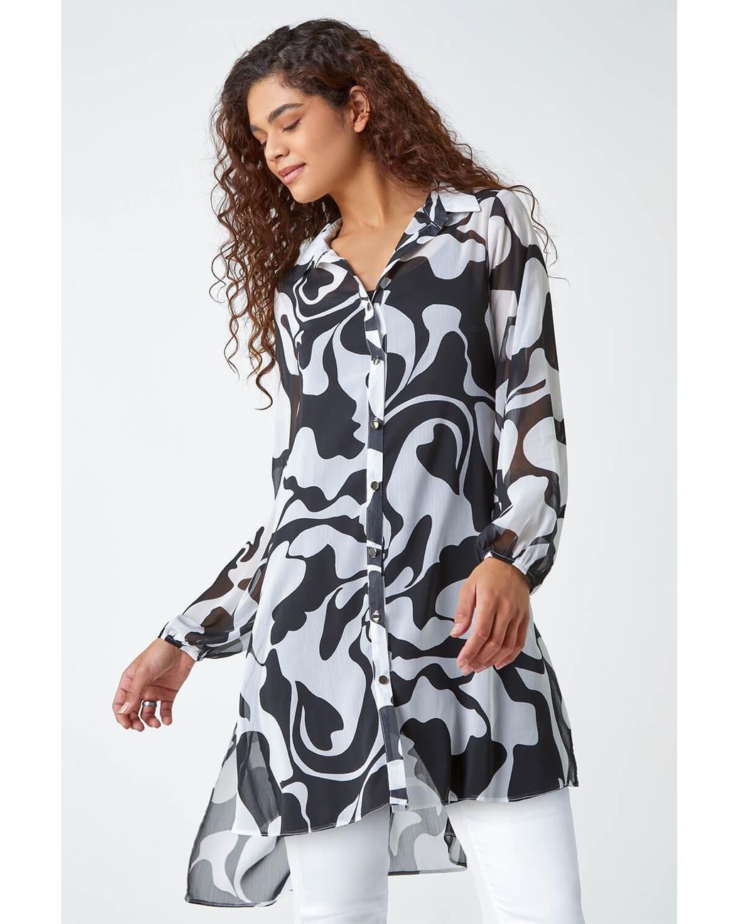 Roman White Abstract Print Longline Blouse
