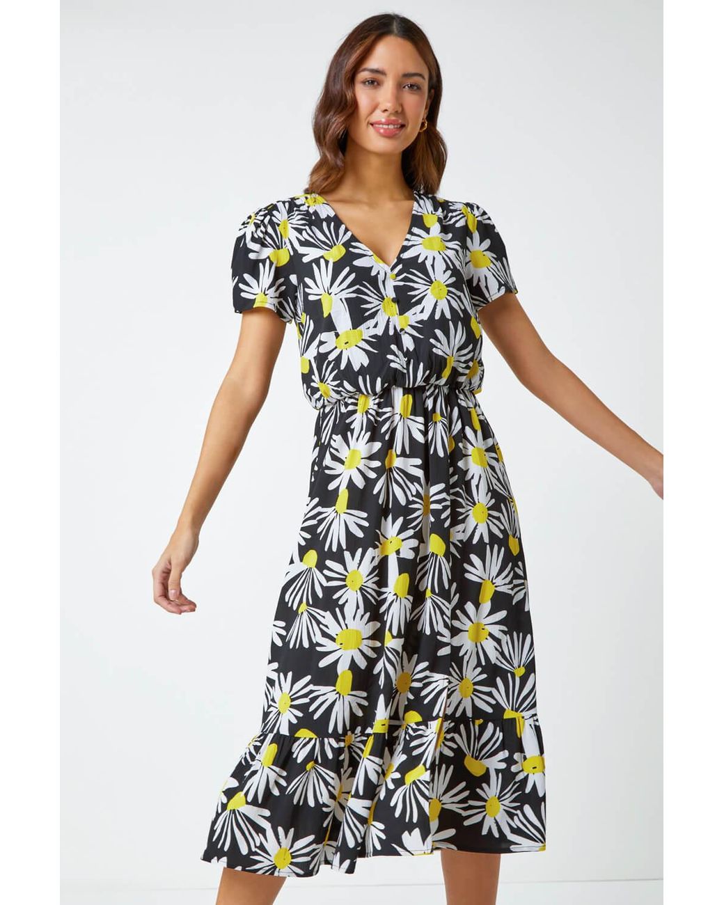 Roman White Daisy Print Blouson Midi Dress