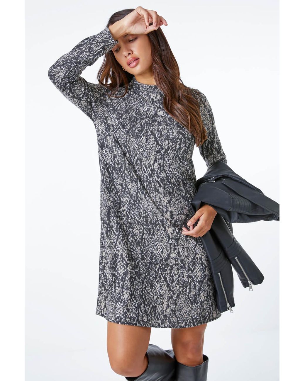 Roman Natural Snake Print Turtle Neck Swing Dress