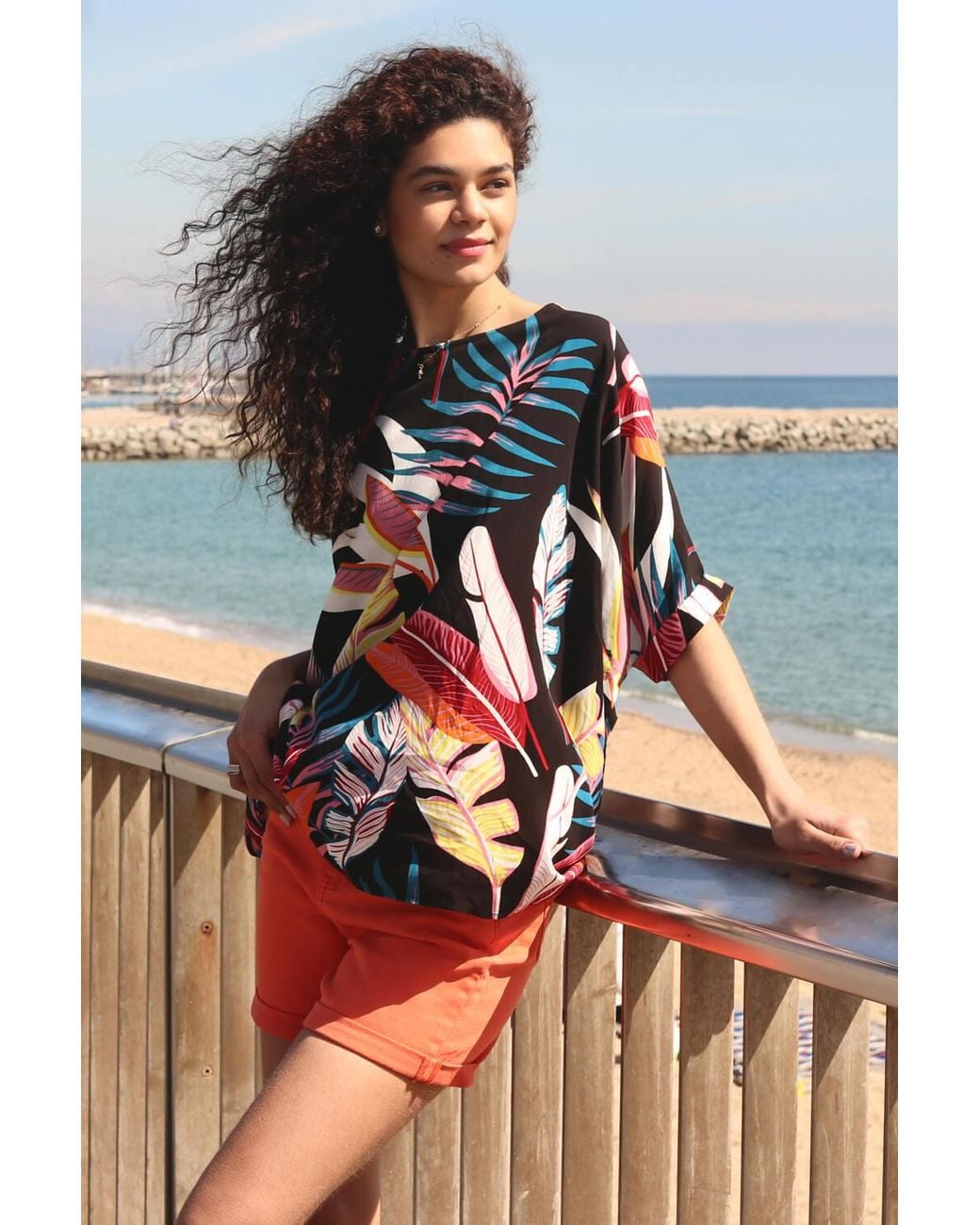Roman Blue Tropical Print Button Back Top