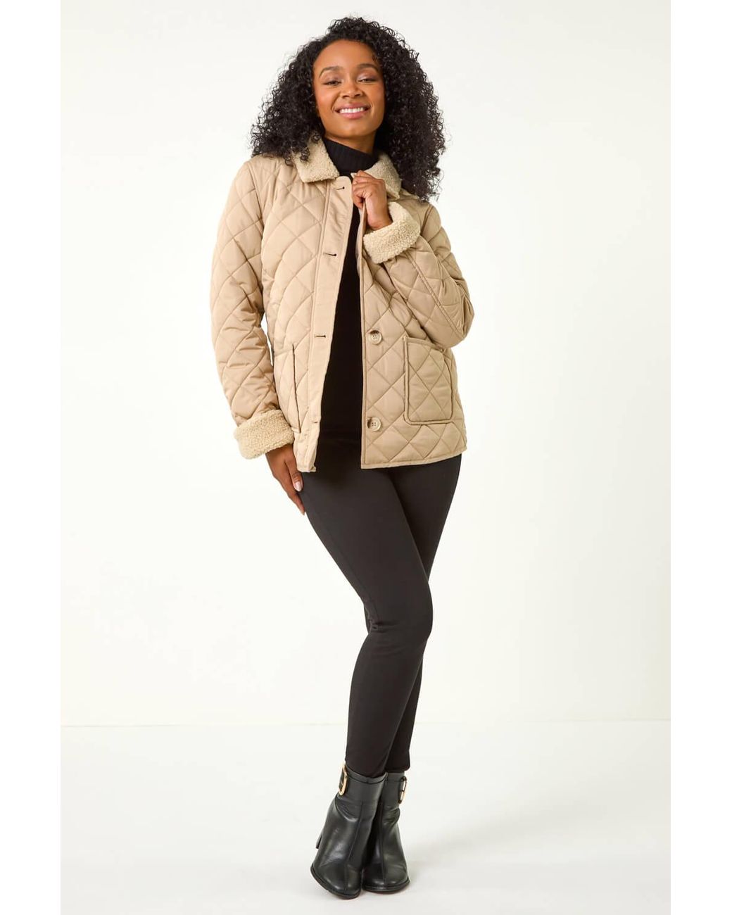 Roman Petite Natural Borg Contrast Padded Coat