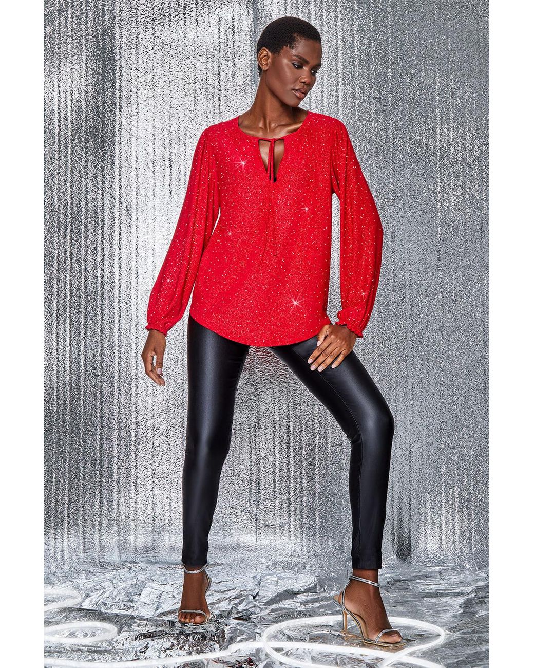 Roman Red Tie Neck Glitter Stretch Top