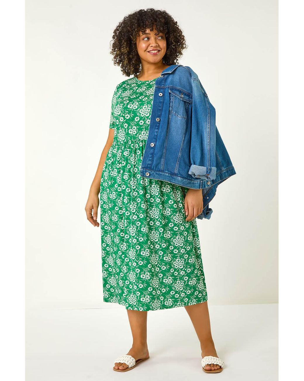 Roman Curve Green Floral Print Stretch Midi Dress