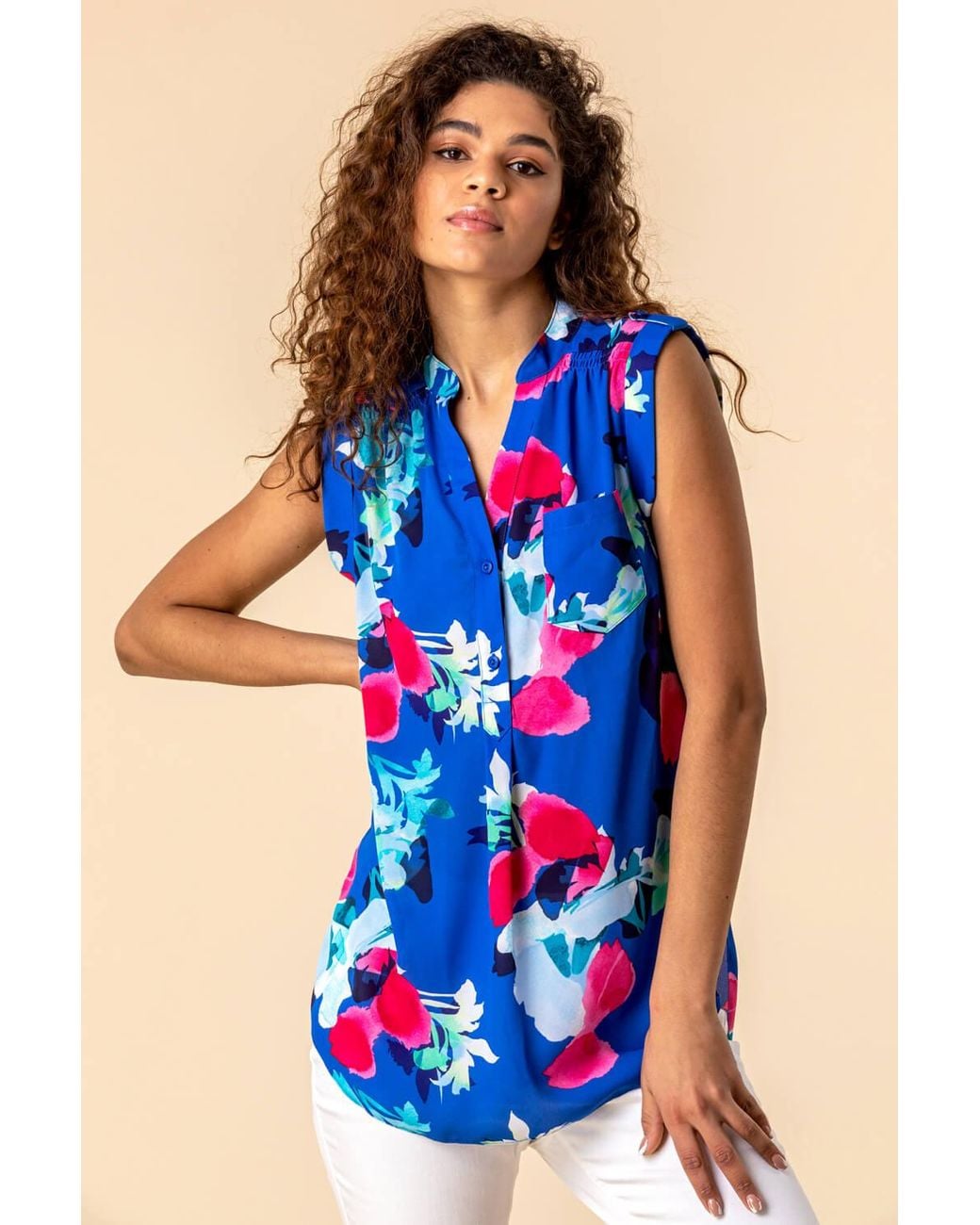 Roman Blue Floral Print Tunic Top