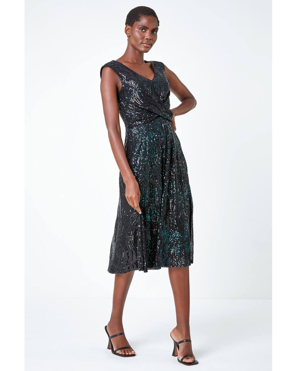 Roman Blue Sequin Twist Front Midi Stretch Dress